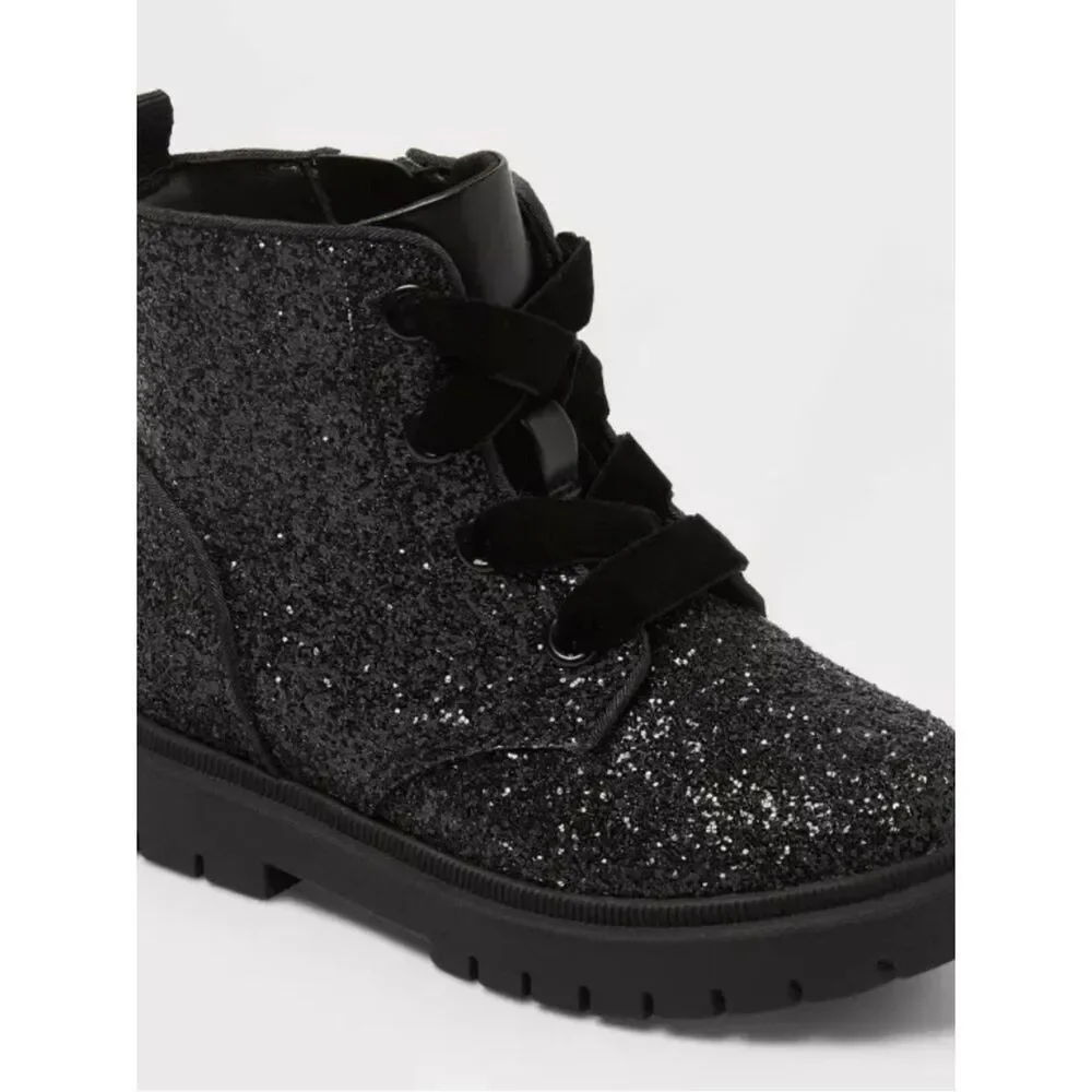 Cat & Jack Black Glitter Lace-Up Ankle Boots Sz 12